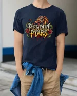 Pendir Ptars Dragon Fire Graphic T Shirt Bold Fantasy Streetwear Style - model wearing navy tee with hands in pockets