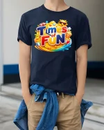Times of Fun Colorful Graphic T Shirt Happy Summer Vibes Style - model wearing navy tee with hands in pockets