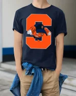 Bold S Mascot Cartoon Sports Fan Graphic T Shirt - model wearing navy tee with hands in pockets