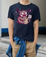 Funny Coffee Empty Bear Panic Cartoon Graphic T Shirt - model wearing navy tee with hands in pockets