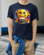 Smiling Coffee Emoji Floral Happy Vibes Graphic T Shirt - model wearing navy tee with hands in pockets