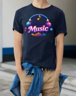 Total Music Headphones Colorful Sound Graphic T Shirt - model wearing navy tee with hands in pockets