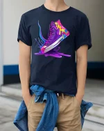 Color Splash Sneaker Street Art Style Graphic T Shirt - model wearing navy tee with hands in pockets