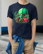 Funny Octopus Riding Scooter Cartoon Graphic T Shirt - model wearing navy tee with hands in pockets