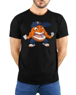 Angry Orange Mascot Cartoon Sports Fan Graphic T Shirt - model wearing black tee with hands behind back