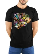 Colorful Art Supplies Creative Doodle Graphic T Shirt - model wearing black tee with hands behind back