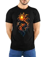 Flaming Pumpkin Spirit Dark Fantasy Graphic T Shirt - model wearing black tee with hands behind back