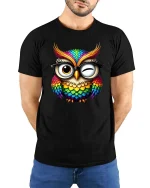 Colorful Owl With Glasses Cute Wink Graphic T Shirt - model wearing black tee with hands behind back