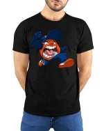 Angry Mascot Jumping Cartoon Sports Fan Graphic T Shirt - model wearing black tee with hands behind back
