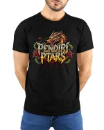 Pendir Ptars Dragon Fire Graphic T Shirt Bold Fantasy Streetwear Style - model wearing black tee with hands behind back