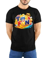 Times of Fun Colorful Graphic T Shirt Happy Summer Vibes Style - model wearing black tee with hands behind back