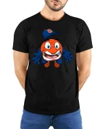 Funny Orange Mascot Baseball Cartoon Graphic T Shirt - model wearing black tee with hands behind back