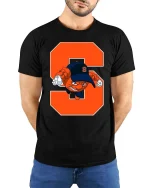Bold S Mascot Cartoon Sports Fan Graphic T Shirt - model wearing black tee with hands behind back