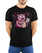 Funny Coffee Empty Bear Panic Cartoon Graphic T Shirt - model wearing black tee with hands behind back