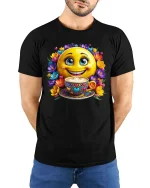 Smiling Coffee Emoji Floral Happy Vibes Graphic T Shirt - model wearing black tee with hands behind back