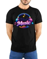 Total Music Headphones Colorful Sound Graphic T Shirt - model wearing black tee with hands behind back