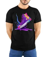 Color Splash Sneaker Street Art Style Graphic T Shirt - model wearing black tee with hands behind back