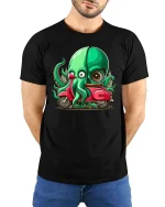 Funny Octopus Riding Scooter Cartoon Graphic T Shirt - model wearing black tee with hands behind back