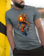 Flaming Pumpkin Spirit Dark Fantasy Graphic T Shirt - model wearing grey tee, leaning on column