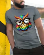 Colorful Owl With Glasses Cute Wink Graphic T Shirt - model wearing grey tee, leaning on column