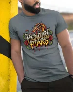 Pendir Ptars Dragon Fire Graphic T Shirt Bold Fantasy Streetwear Style - model wearing grey tee, leaning on column