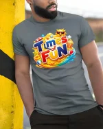 Times of Fun Colorful Graphic T Shirt Happy Summer Vibes Style - model wearing grey tee, leaning on column