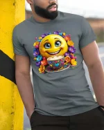 Smiling Coffee Emoji Floral Happy Vibes Graphic T Shirt - model wearing grey tee, leaning on column