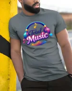 Total Music Headphones Colorful Sound Graphic T Shirt - model wearing grey tee, leaning on column