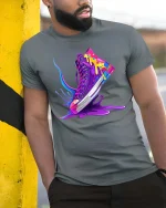 Color Splash Sneaker Street Art Style Graphic T Shirt - model wearing grey tee, leaning on column