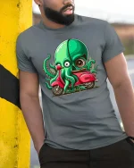 Funny Octopus Riding Scooter Cartoon Graphic T Shirt - model wearing grey tee, leaning on column
