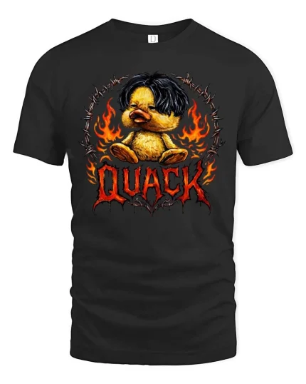 Funny Rock Style Duck Quack Graphic T Shirt Fire Metal Tee - black t-shirt on white background