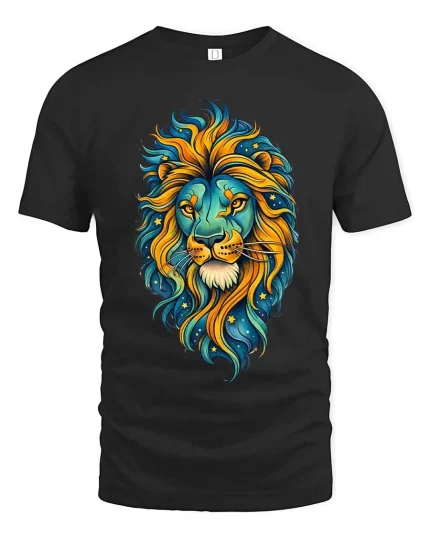 Colorful Lion Head Cosmic Art Graphic T Shirt Bold Style Tee - black t-shirt on white background