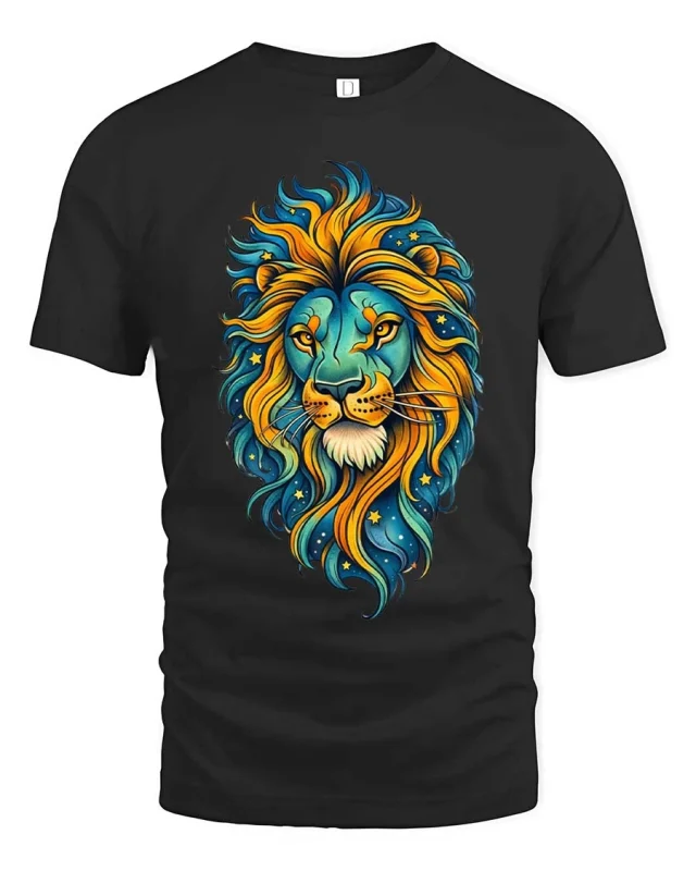 Colorful Lion Head Cosmic Art Graphic T Shirt Bold Style Tee - black t-shirt on white background