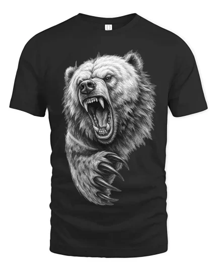Angry Bear Roar Claw Attack Realistic Drawing T Shirt Graphic Tee - black t-shirt on white background