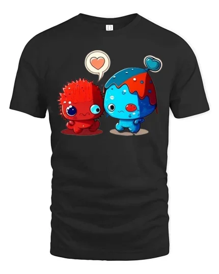 Adorable Monster Love Pair Cartoon Style Graphic T Shirt Tee - black t-shirt on white background