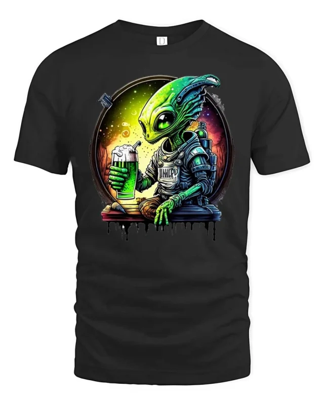 Funny Alien Drinking Beer Space Art Graphic T Shirt Tee - black t-shirt on white background