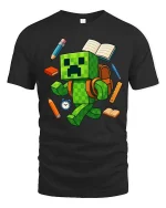 Pixel Monster Student School Supplies Cartoon Graphic T Shirt Tee - black t-shirt on white background