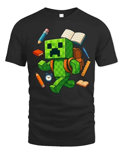 Pixel Monster Student School Supplies Cartoon Graphic T Shirt Tee - black t-shirt on white background