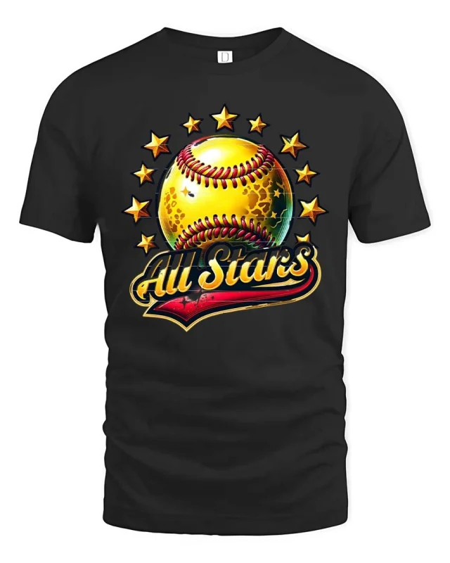 All Stars Softball Graphic T Shirt Golden Ball Sports Tee - black t-shirt on white background