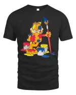 Funny Lazy Cat Painter Cartoon Art Graphic T Shirt Tee - black t-shirt on white background