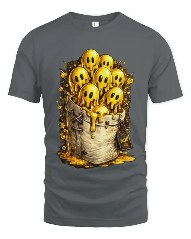 Cute Melting Ghost Characters Gold Style Graphic T Shirt Tee - gray t-shirt on white background