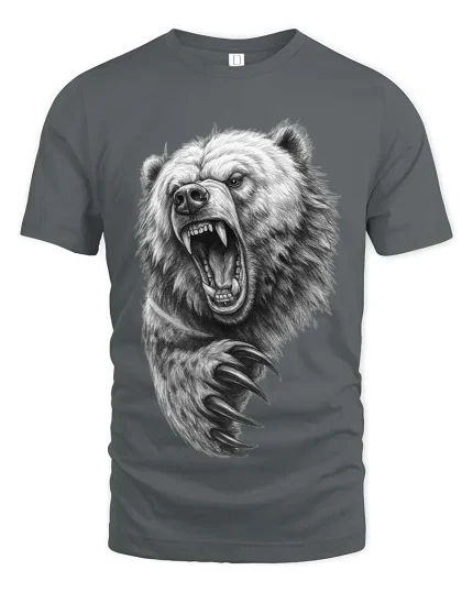 Angry Bear Roar Claw Attack Realistic Drawing T Shirt Graphic Tee - gray t-shirt on white background