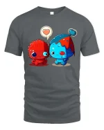 Adorable Monster Love Pair Cartoon Style Graphic T Shirt Tee - gray t-shirt on white background