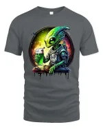 Funny Alien Drinking Beer Space Art Graphic T Shirt Tee - gray t-shirt on white background