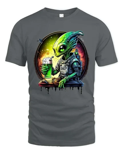 Funny Alien Drinking Beer Space Art Graphic T Shirt Tee - gray t-shirt on white background