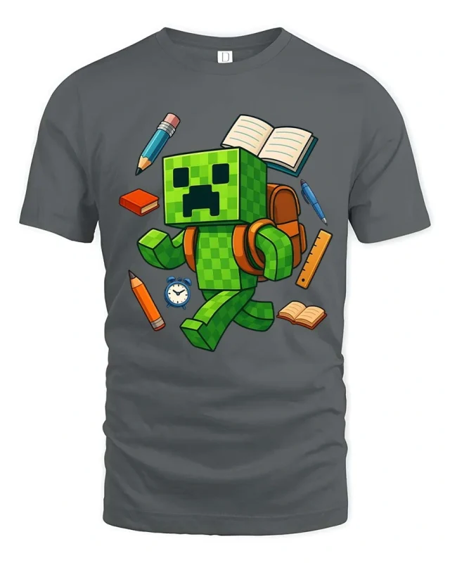 Pixel Monster Student School Supplies Cartoon Graphic T Shirt Tee - gray t-shirt on white background