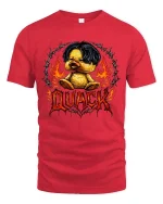 Funny Rock Style Duck Quack Graphic T Shirt Fire Metal Tee - red t-shirt on white background