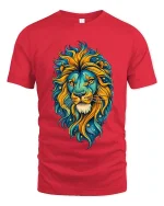 Colorful Lion Head Cosmic Art Graphic T Shirt Bold Style Tee - red t-shirt on white background