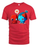 Adorable Monster Love Pair Cartoon Style Graphic T Shirt Tee - red t-shirt on white background