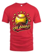 All Stars Softball Graphic T Shirt Golden Ball Sports Tee - red t-shirt on white background